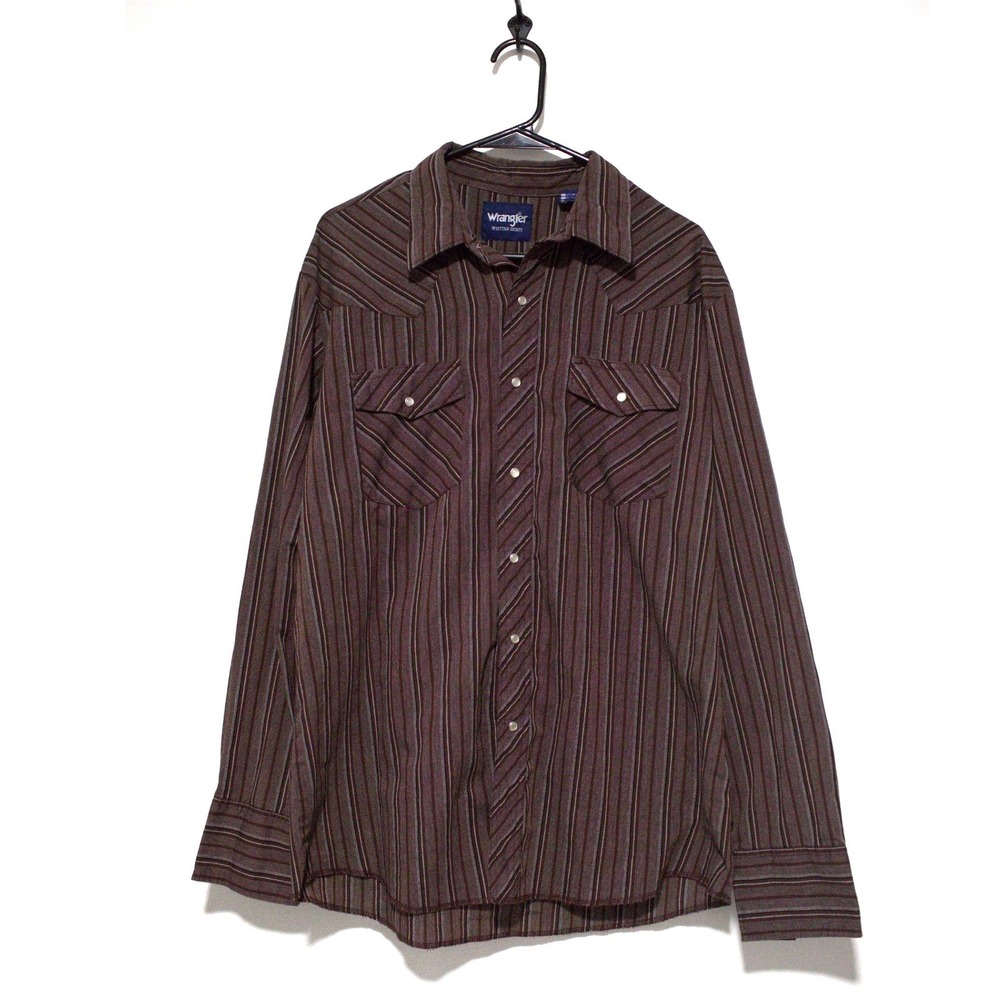 Wrangler Western Shirt Mens Large Brown Striped Pearl Snap Long Sleeve Cowboy